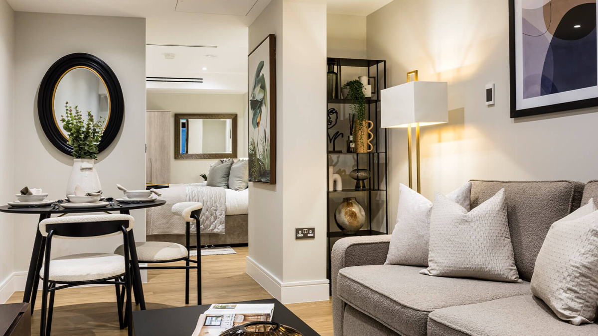 Open-plan living at a Ludgate Broadway apartment, ©Galliard Homes.