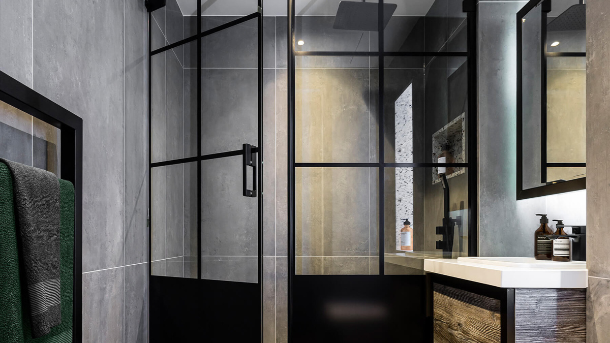 En-suite shower room of a two-bedroom apartment at The Stage, ©Galliard Homes.