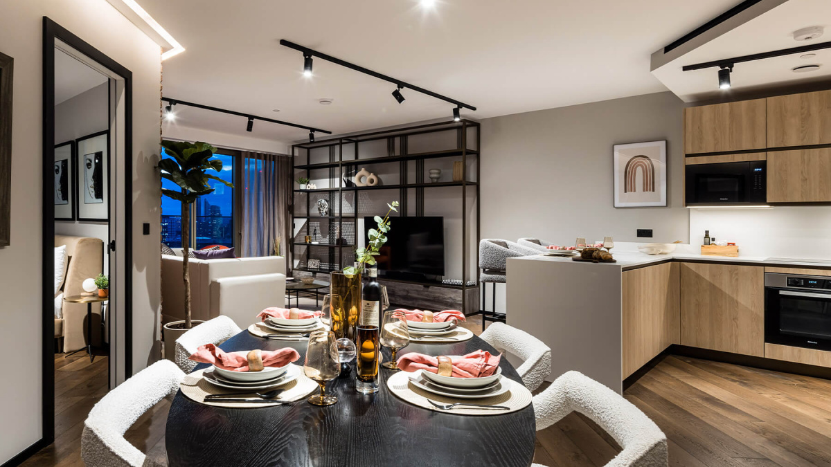 Open-plan kitchen and dining area of a two-bedroom apartment at The Stage, ©Galliard Homes.