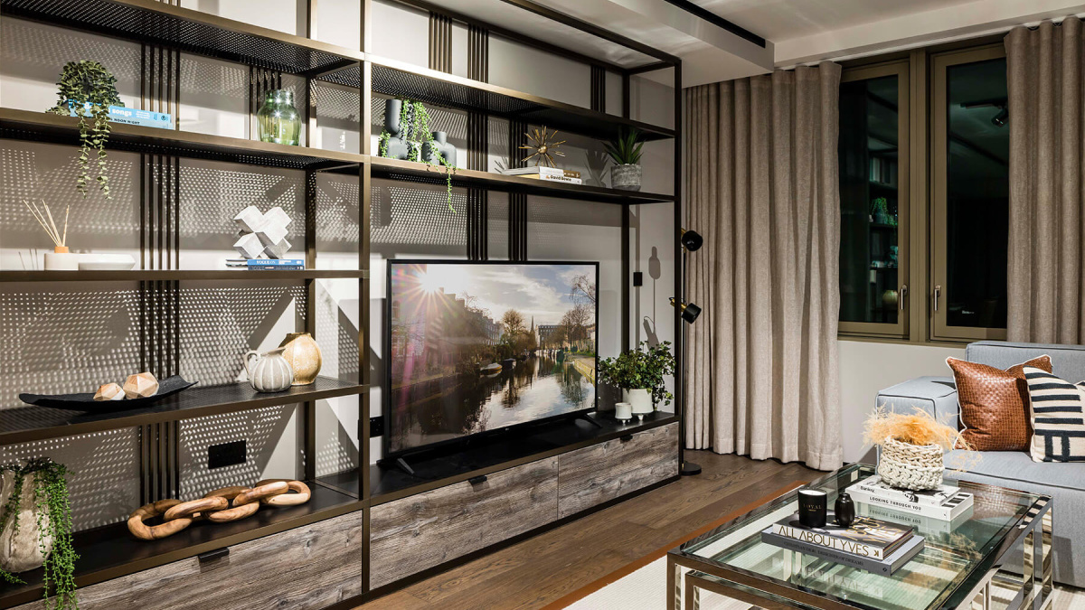 Bespoke entertainment unit in a one-bedroom apartment at The Stage, ©Galliard Homes.