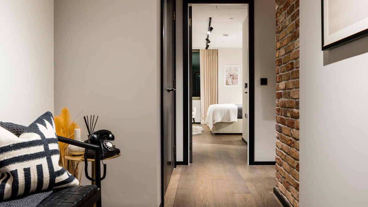 Hallway of a one-bedroom apartment at The Stage, ©Galliard Homes.