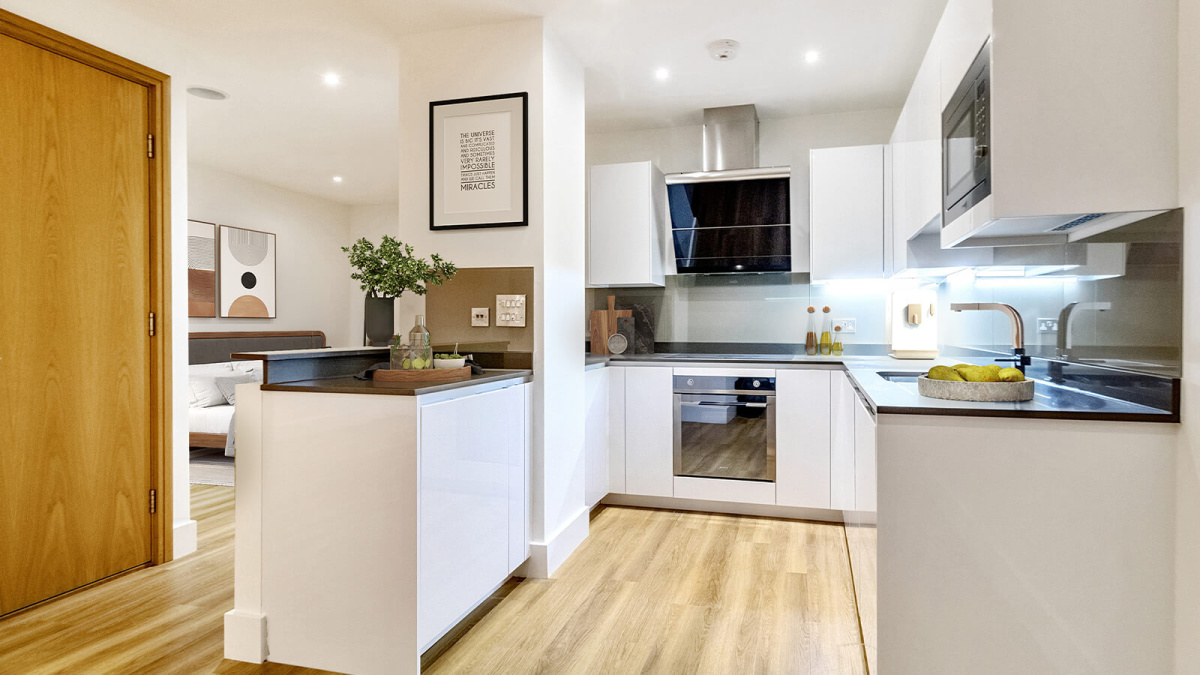 Kitchen area, image features superimposed furnishings intended for illustrative use only, ©Galliard Homes