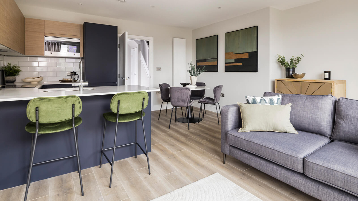Duplex open-plan living space at Neptune Wharf ©Galliard Homes.