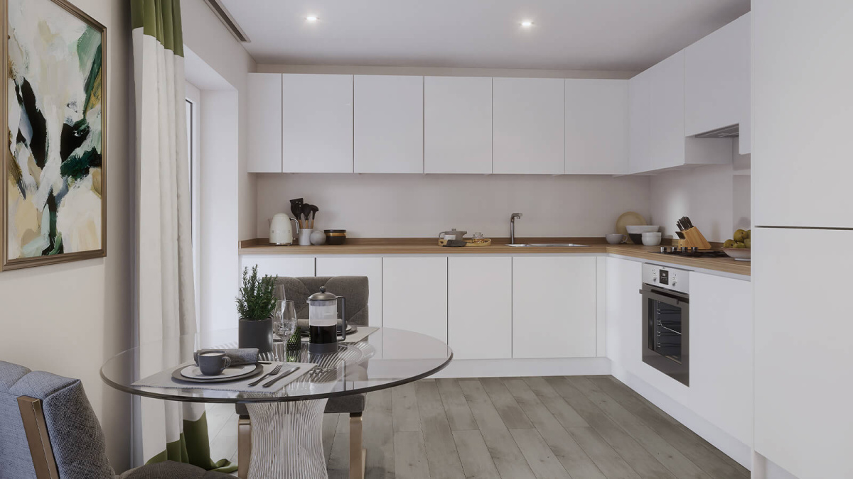 Kitchen area at a Belgrave Village apartment, computer generated image intended for illustrative use only, ©Wavensmere