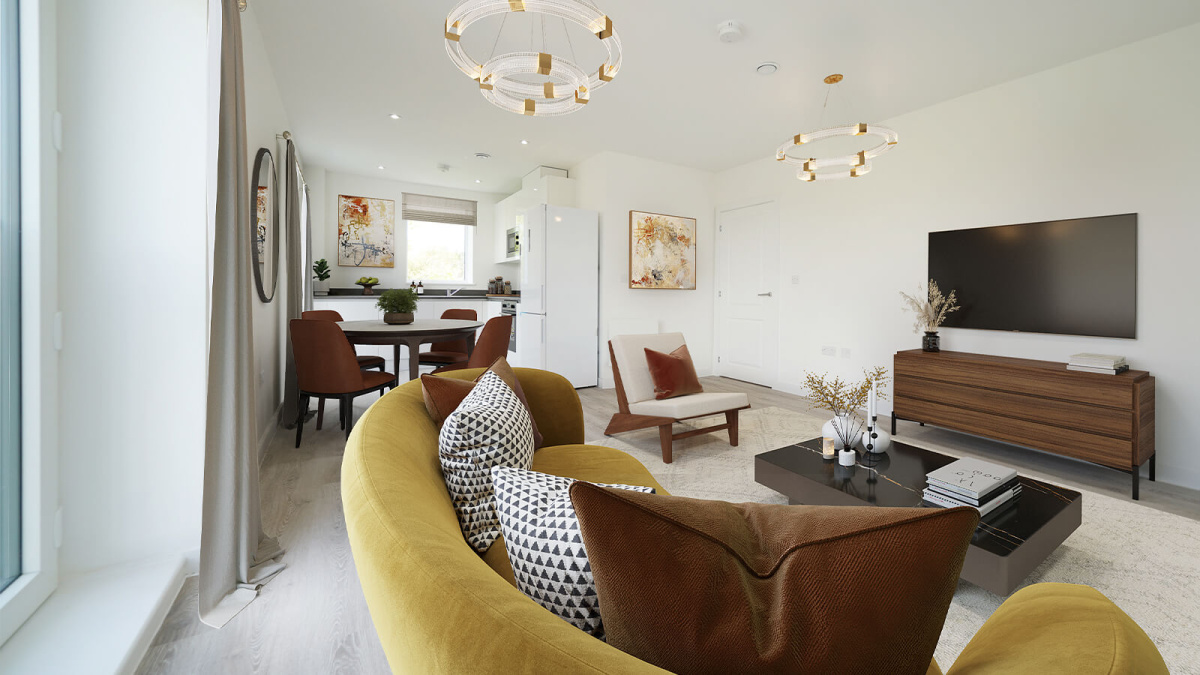 Open-plan living area at a Belgrave Village apartment, computer generated image intended for illustrative use only, ©Wavensmere