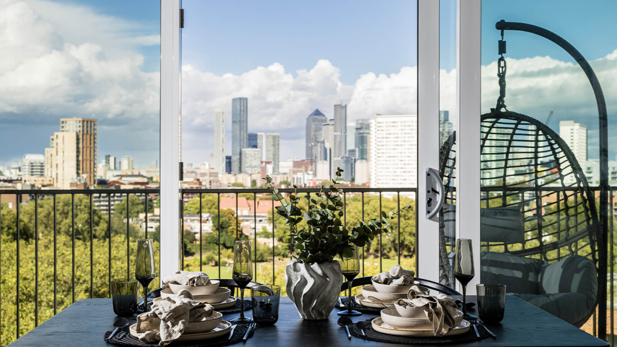 Balcony view at Neptune Wharf ©Galliard Homes.