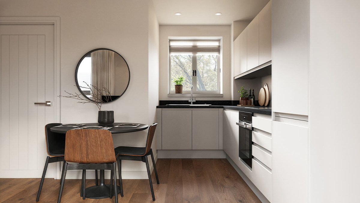 Kitchen and dining area at Merchants Yard ©Galliard Homes.
