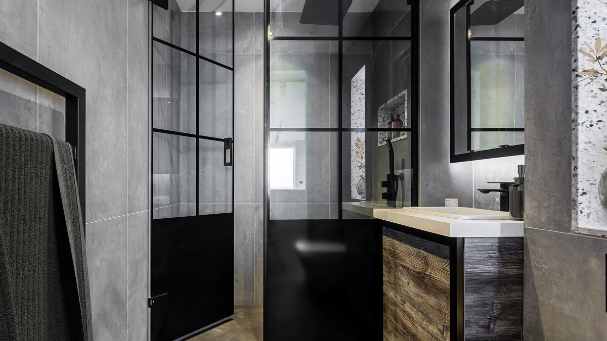 Ensuite shower room of a three-bedroom apartment at The Stage, furniture superimposed for illustrative purposes only, ©Galliard Homes.