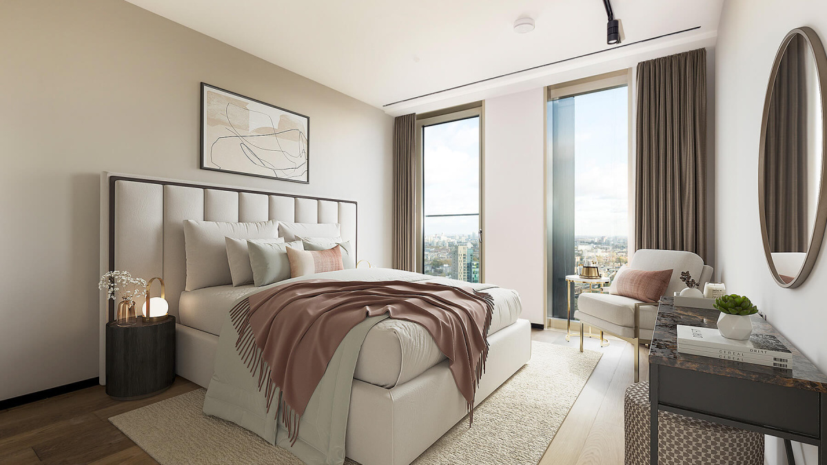 Principal bedroom of a three-bedroom apartment at The Stage, furniture superimposed for illustrative purposes only, ©Galliard Homes.