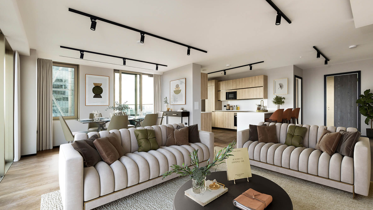 Living room of a three-bedroom apartment at The Stage, furniture superimposed for illustrative purposes only, ©Galliard Homes.