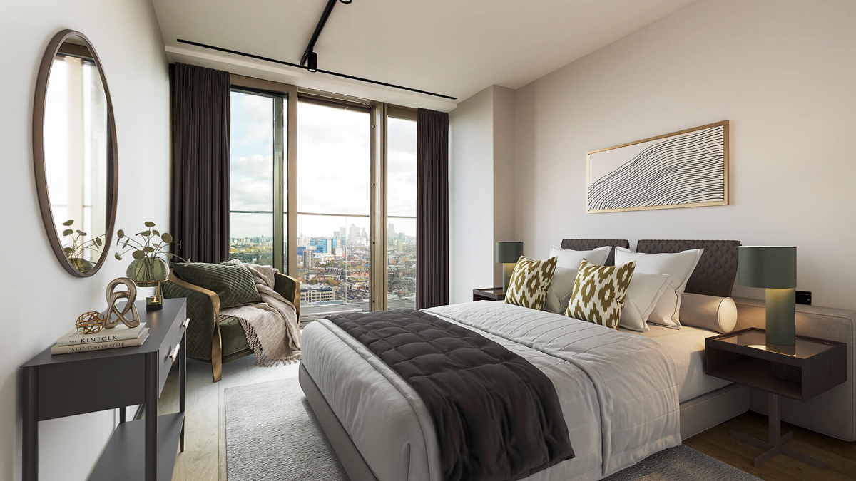 Second bedroom of a three-bedroom apartment at The Stage, furniture superimposed for illustrative purposes only, ©Galliard Homes.