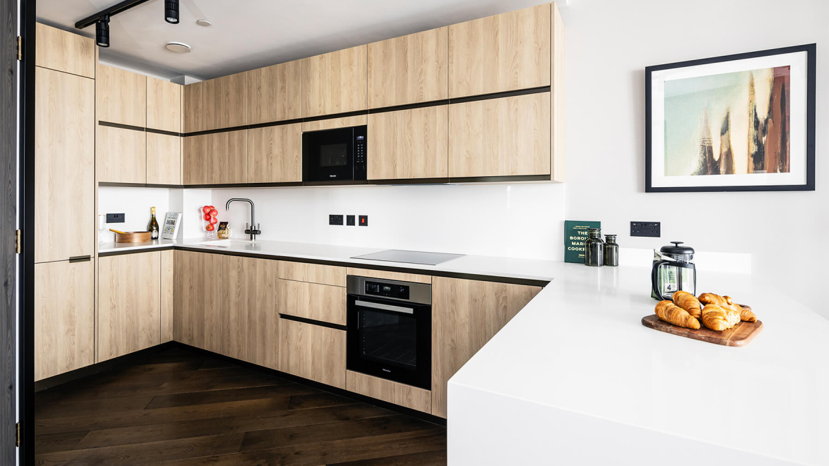 Kitchen at Apartment 1810 The Stage, ©Galliard Homes.