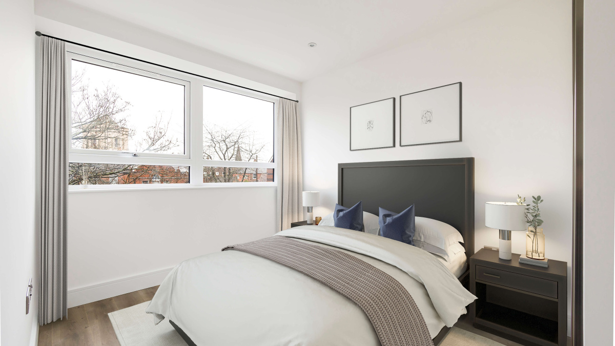 Bedroom area in a Newacre House apartment, computer generated image intended for illustrative use only, ©Galliard Homes.