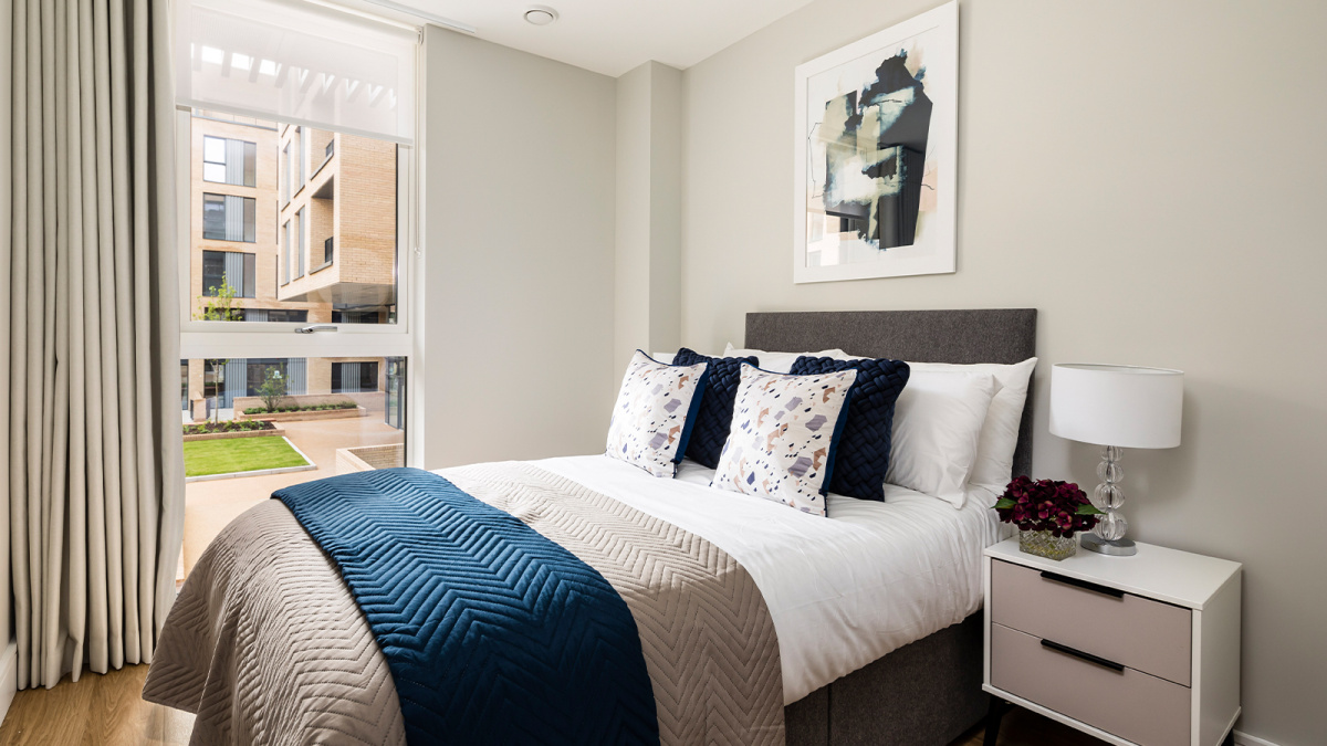 Bedroom at a Wimbledon Grounds apartment, ©Galliard Homes.
