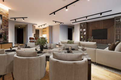 Reception room at 1906 The Stage, furniture superimposed for illustrative purposes only, ©Galliard Homes.