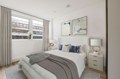 Bedroom area in a Newacre House apartment, computer generated image intended for illustrative use only, ©Galliard Homes.