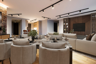 Reception room at The Stage, furniture superimposed for illustrative purposes only, ©Galliard Homes.