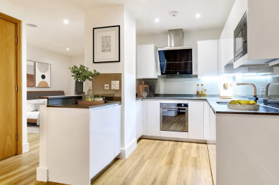 Kitchen area, image features superimposed furnishings intended for illustrative use only, ©Galliard Homes