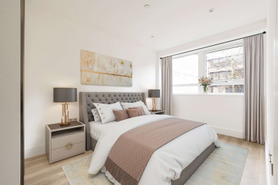 Bedroom area in a Newacre House apartment, computer generated image intended for illustrative use only, ©Galliard Homes.