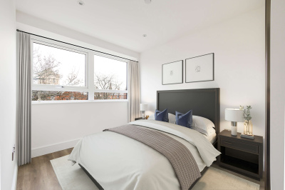 Bedroom area in a Newacre House apartment, computer generated image intended for illustrative use only, ©Galliard Homes.